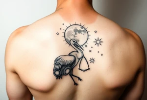 Stork carry bundle towards moon, stars tattoo idea