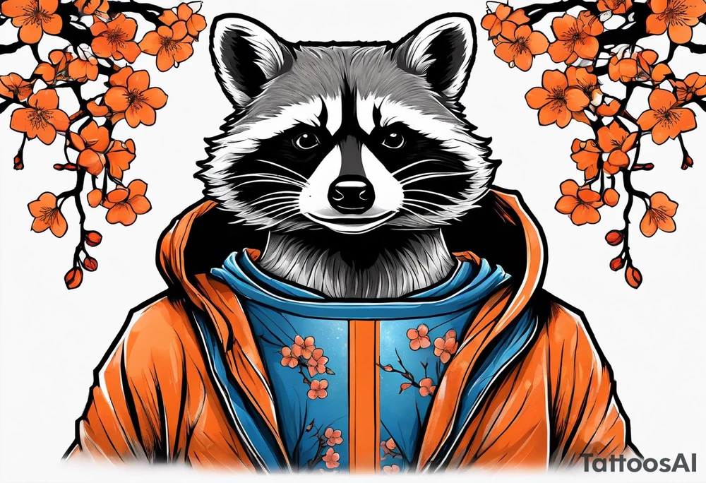raccoon wearing a black and white Superman hoodie and orange Japanese cherry blossoms tattoo idea