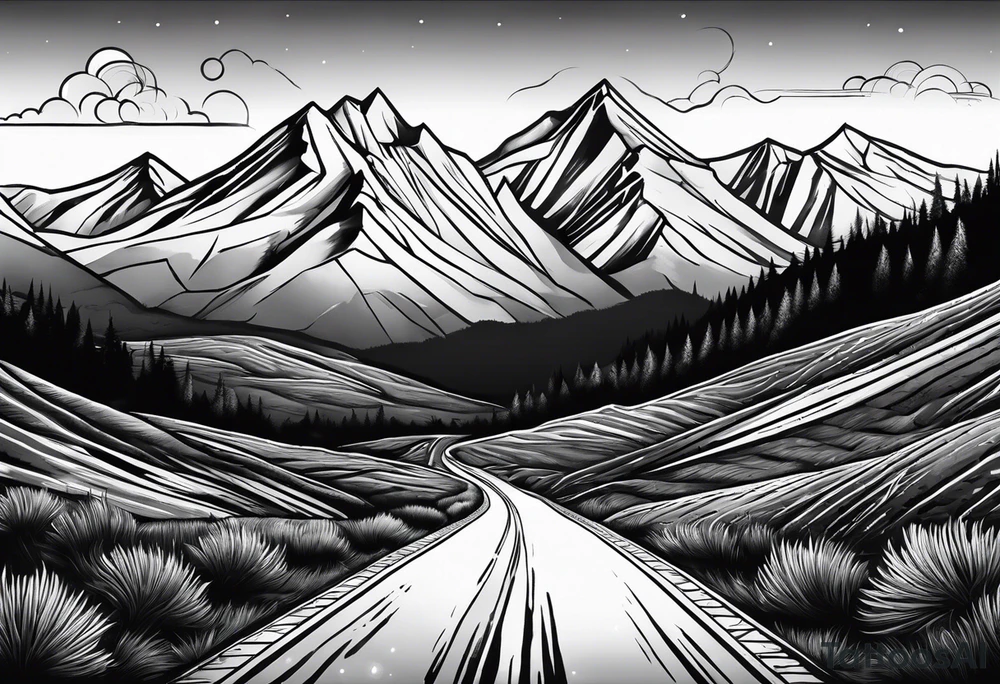 A long road to the mountains with mountains below tattoo idea