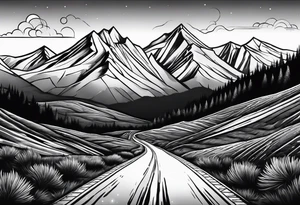 A long road to the mountains with mountains below tattoo idea