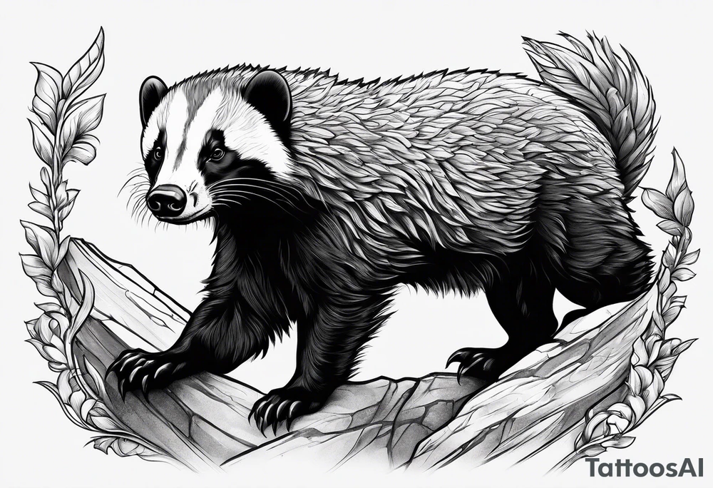 honey badger climbing up and over, claws, gentle face tattoo idea