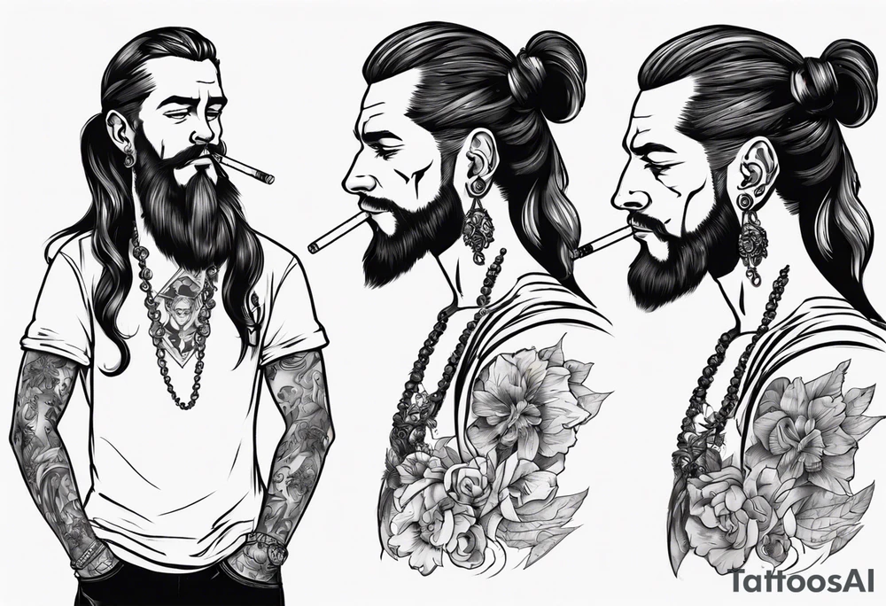 A man standing full-length, with long hair in a ponytail, no beard, smoking a cigarette, with earrings in his ears, no headgear tattoo idea