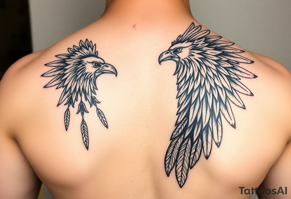 powerful majestic lion quetzal bird with long feathers and mayan tribal signs tattoo idea
