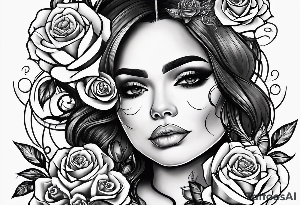 Hispanic/ Latin  woman  with half skull face , roses, loving heART, strength,  cancer zodiac sign  , time heals all tattoo idea