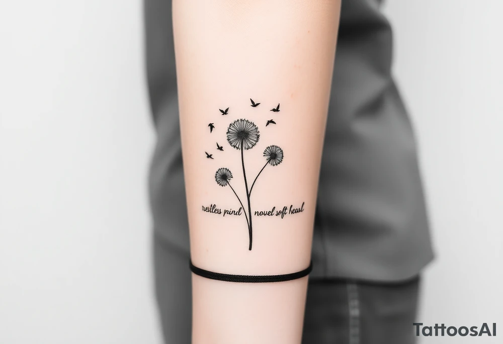 Double Black armband line around the forearm with wildflower dandelions in the middle with birds flying off and dopamine symbol coming off the stem. The words: Restless Mind, Wild Soul, Soft Heart tattoo idea