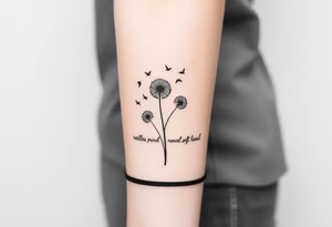 Double Black armband line around the forearm with wildflower dandelions in the middle with birds flying off and dopamine symbol coming off the stem. The words: Restless Mind, Wild Soul, Soft Heart tattoo idea