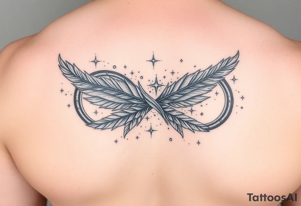 infinity symbol woven with floating feathers and stardust tattoo idea