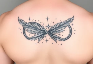 infinity symbol woven with floating feathers and stardust tattoo idea