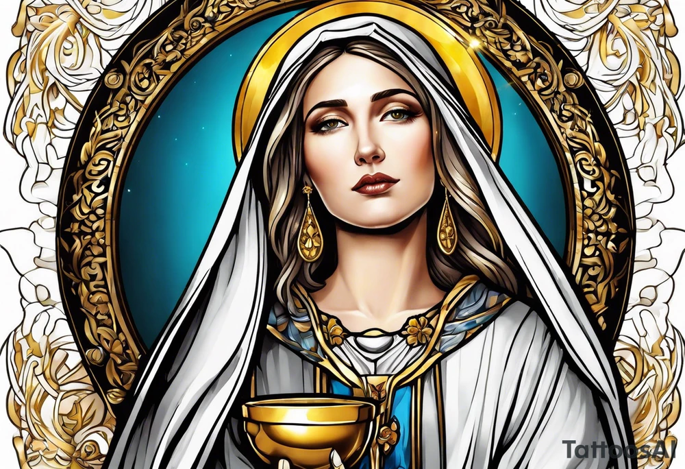 holy saint woman with golden halo holding a chalice tattoo idea
