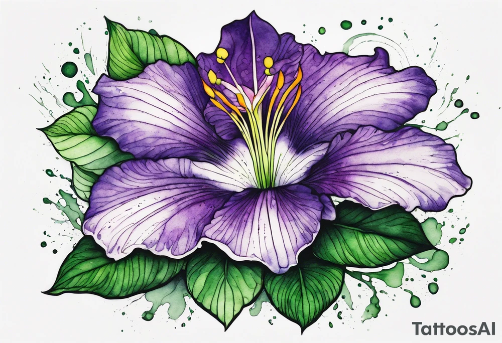 A mystical outline of a rio dipladenia flower with green/purple pedals and a green/purple watercolor splash in the background tattoo idea