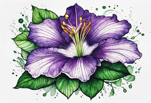 A mystical outline of a rio dipladenia flower with green/purple pedals and a green/purple watercolor splash in the background tattoo idea