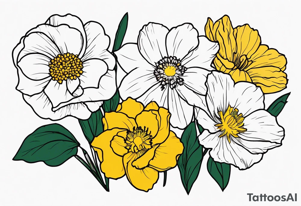 Two carnations, Two daffodils, One snowdrop, One hawthorn flower, Two honeysuckle blooms, One rose, One chrysanthemum, one cosmos, one marigold, one morning glory, one aster tattoo idea