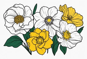 Two carnations, Two daffodils, One snowdrop, One hawthorn flower, Two honeysuckle blooms, One rose, One chrysanthemum, one cosmos, one marigold, one morning glory, one aster tattoo idea