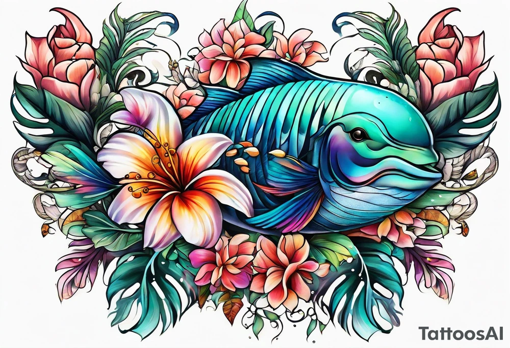 sea, flower, palm, animal tattoo idea