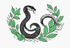 Seven deadly sins snake with soft green leaves as colour tattoo idea