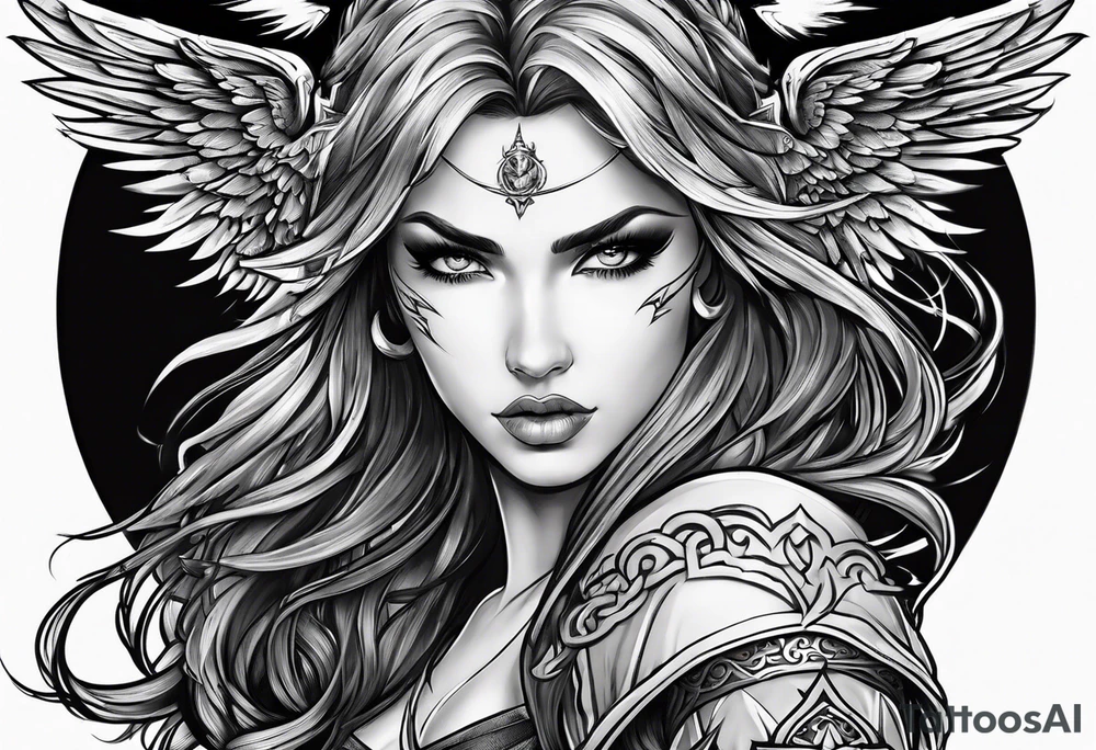 Female angel with sword lightning and lightning eyes tattoo idea