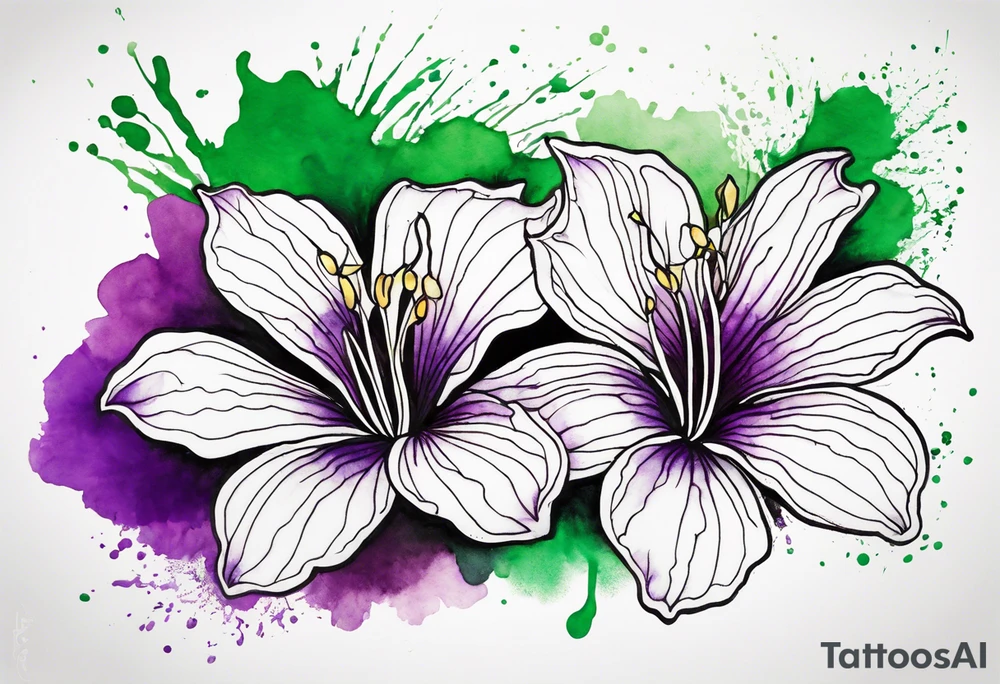 An outline of a rio dipladenia flower with a green and purple watercolor splash in the background tattoo idea