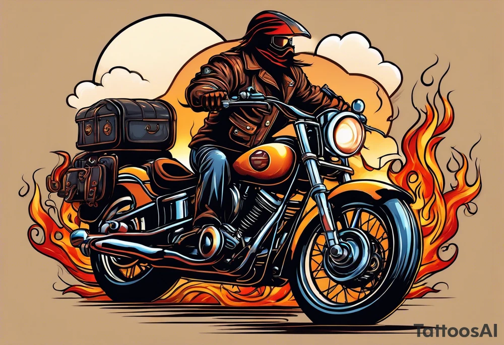 A single eyeball with arms & legs & a mustache riding a motorcycle with flames coming out the pipes. The rider should be face on and there should be a desert scene in the background tattoo idea