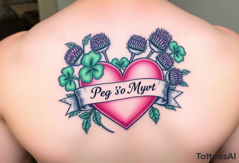 Bunch of Green shamrocks & purple thistles with a big pink heart and a banner across the heart that says " Peg 'o My Heart" tattoo idea