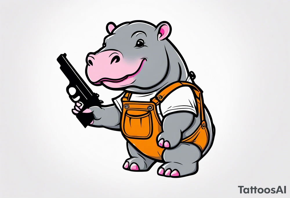 Baby hippo wearing overalls and holding a pistol tattoo idea