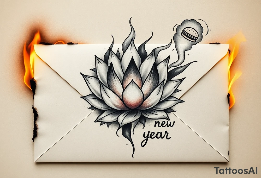 burning envelope with flames, charred paper texture, partially burnt edges, smoke and sparks   lotus flower surrounding envelope, watercolor lotus with gradient petals, traditional ink style lotus   handwritten text "hamburger, happy newyear", vintage cursive font on burnt paper, faded ink effect   neo-traditional tattoo, ink wash lotus, blackwork shading  destruction and rebirth symbolism, lotus emerging from ashes, dynamic fire flow around envelope

contrast between chaos (fire) and serenity (lotus), hidden burger icon in smoke tattoo idea
