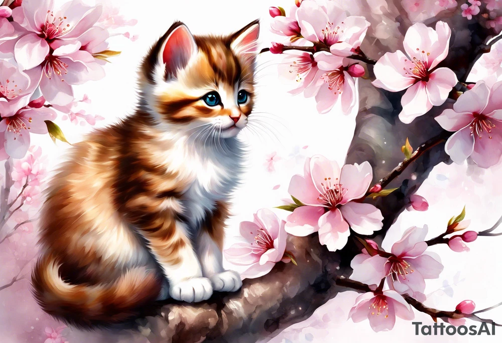 Generate a design to tattoo on my biceps where a graceful pink cherry blossom tree extends vertically, occupying the full height of 15cm, with delicate blossoms scattered along its slender branches coloured with a watercolor effect. Nestled among the branches, a small, playful kitten is perched, gazing curiously outward. The kitten's fur can have intricate details, highlighting its softness and playfulness. Surrounding the kitten and the tree, some petals could be gently falling, adding a dynamic and serene feel to the design. This vertical composition would elegantly fit your biceps, creating a charming and feminine piece of art. tattoo idea