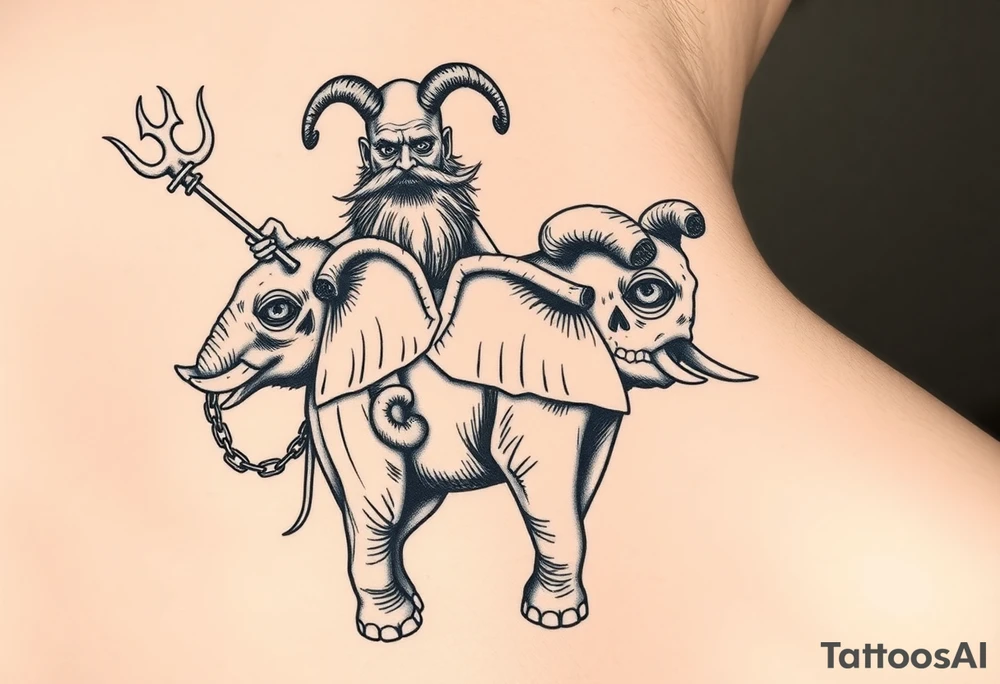 An insanely weird wild crazy man with the biggest eyes I’ve ever seen bulging out of his head with a long beard and bald head and goats horns riding on the back of a miniature elephant no bigger than  HIPPOPOTAMUS holding the devils trident in 1 hand and the other hand holding a chain that’s around the ELEPHANTS neck hanging on as if his life dependent on it the ELEPHANT having HUGE alien eyes bulging out of its head with giant goats horns on it expressing its dislike for people tattoo idea