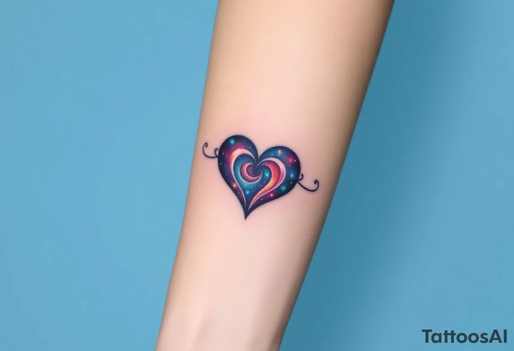 Fully depicted infinity symbol with a heart made of swirling galaxy patterns at its end tattoo idea