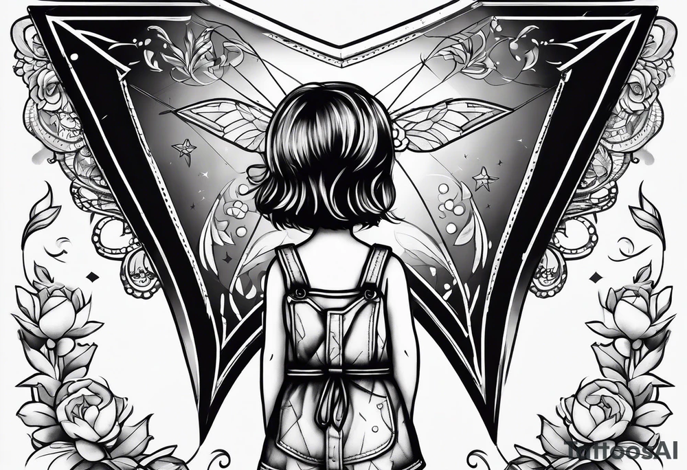 back image of a little girl in a dress, holding a kite , a teddy bear in overalls standing beside her tattoo idea