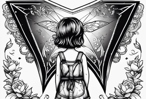 back image of a little girl in a dress, holding a kite , a teddy bear in overalls standing beside her tattoo idea