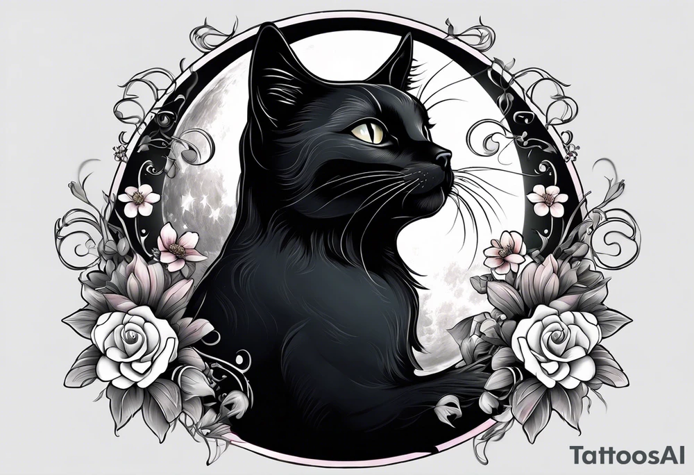 Photo realistic black cat with moon and flowers tattoo idea