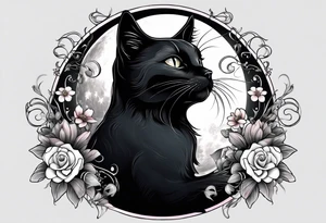 Photo realistic black cat with moon and flowers tattoo idea