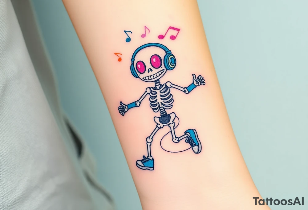 Cute smiley skeleton with pink dreamy eyes in his eyes jumping on a jump rope with blue headphones blue armbands blue sneakers and colorful  music notes around his head tattoo idea