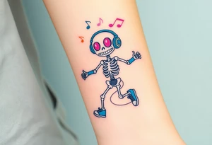 Cute smiley skeleton with pink dreamy eyes in his eyes jumping on a jump rope with blue headphones blue armbands blue sneakers and colorful  music notes around his head tattoo idea