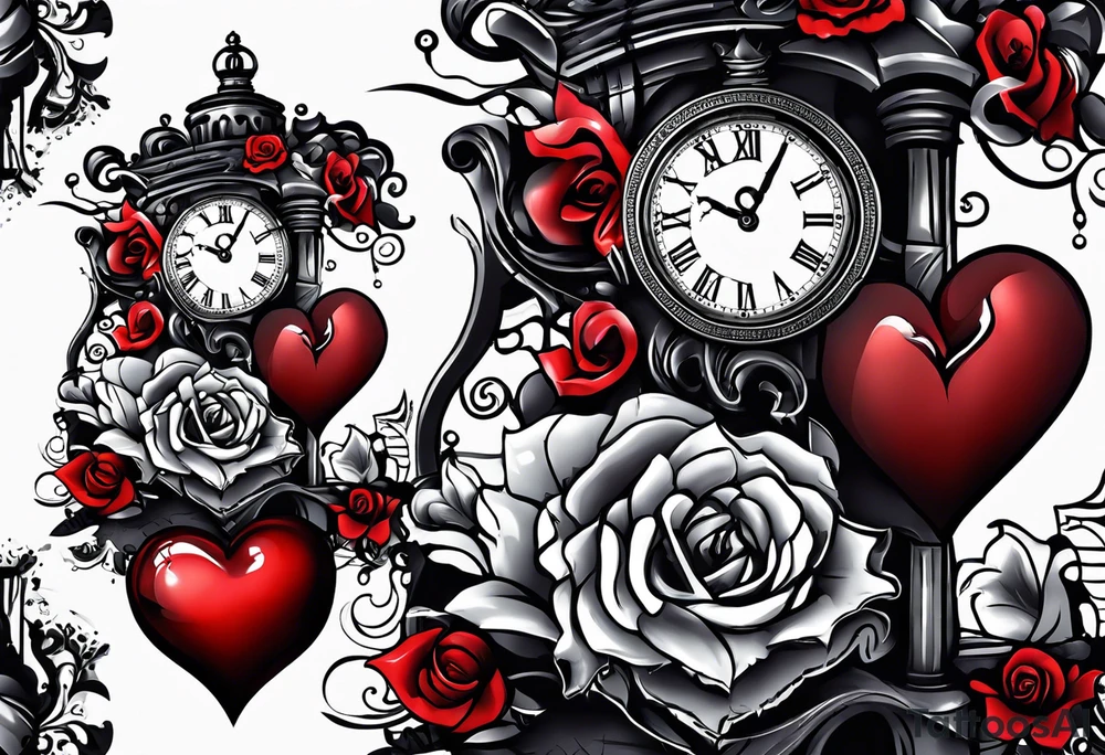 broken heart with clock in middle.
Clock hands on 8 and 5.
Never Say Never written on tattoo tattoo idea
