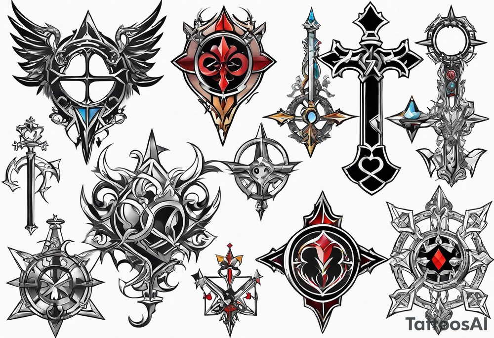 Kingdom Hearts symbol, keyblades, characters, worlds unite in intricate masterpiece. tattoo idea