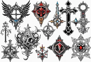 Kingdom Hearts symbol, keyblades, characters, worlds unite in intricate masterpiece. tattoo idea