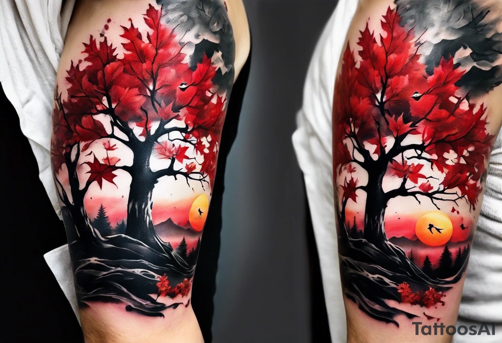 trash polka style. Arm tattoo. Long tattoo. Full sleeve. Shoulder. A single large maple tree with red autumn leaves that branches upwards from wrist to shoulder. White-throated dipper bird on the trees branches. Calluna flowers at the base of the trees stem. Tree stem has dark colors. Red/yellow sunset behind the trees stem. Leaves falling. tattoo idea
