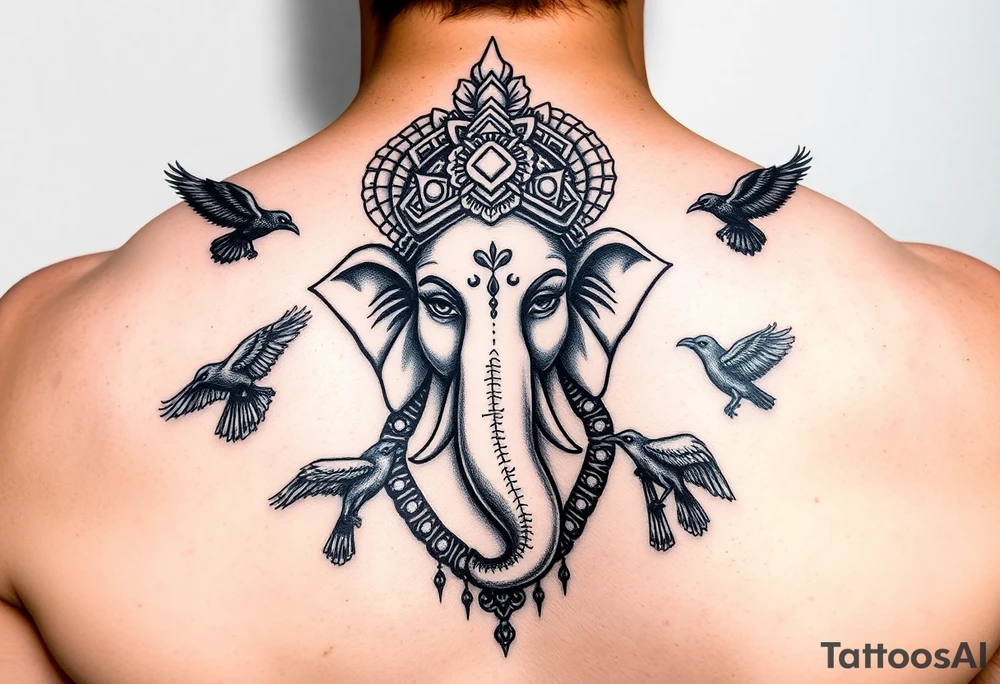 black and white Ganesha head tattoo with crows fly towards and away from him tattoo idea