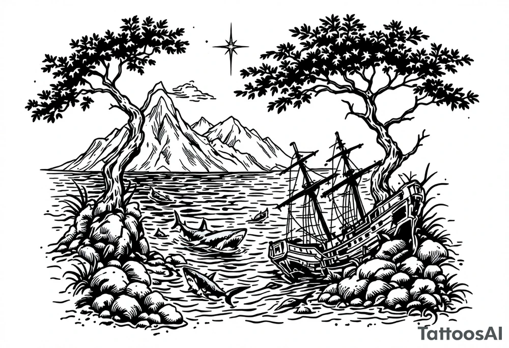 tattoo that has an acacia tree with mountains, ocean with a ship wreck with sharks and the northern star tattoo idea