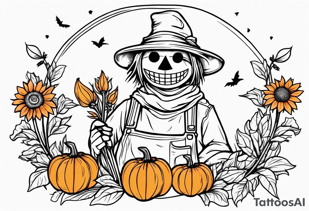 friendly scarecrow with pumpkins and flowers tattoo idea