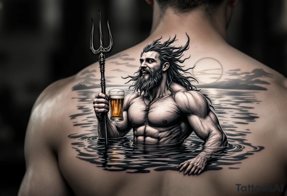 young, smiling, fit poseidon in calm water, holding a trident, drinking a beer, with sunset tattoo idea
