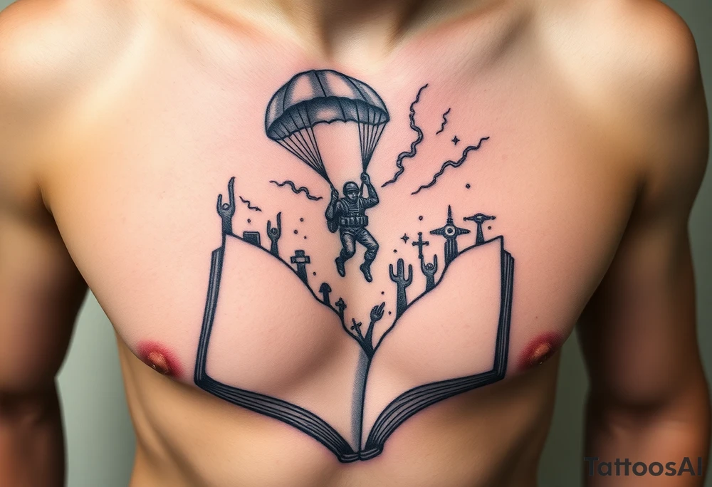 A parachuting soldier falling into an open book. Chaos surrounding, but the book is protecting the soldier from it. On the chest. Make the tattoo smaller. Make it thought provoking. Make the chaos in the environment be an eerie mist. Make the pages in the book be blank. Just one soldier, no other characters. the book is old. tattoo idea