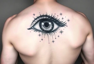 PUPIL: Solid black  
IRIS: Dotwork gradient (black → gray)  
STARS: Packed white ink (1.5mm dots) + micro-dot "halos" tattoo idea