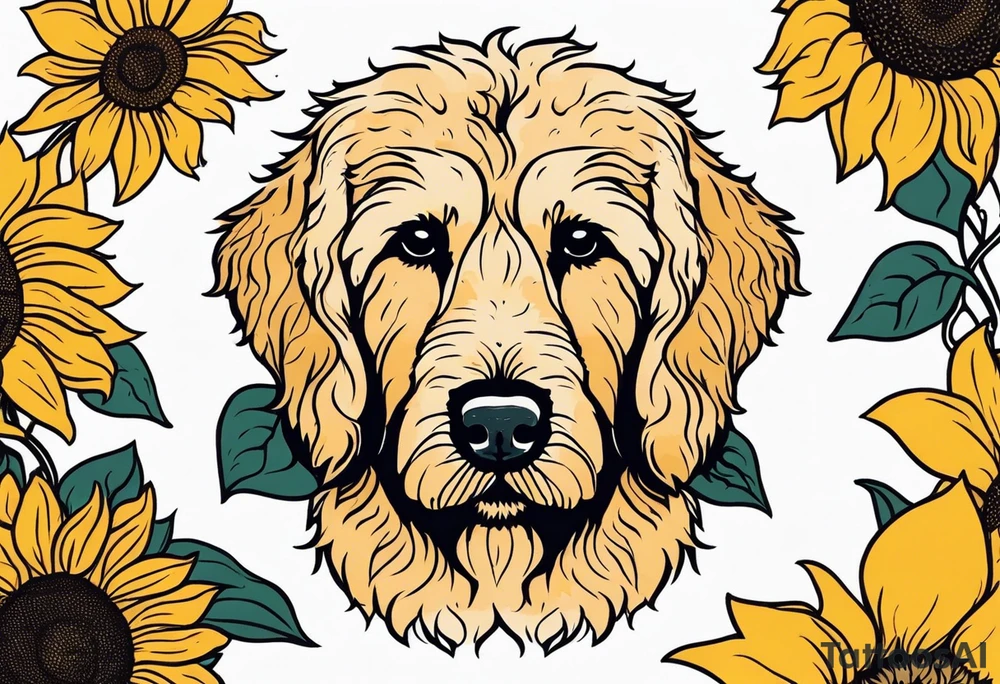 goldendoodle with sunflowers around the dog in color tattoo idea