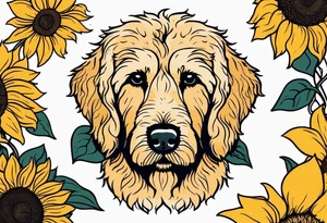 goldendoodle with sunflowers around the dog in color tattoo idea