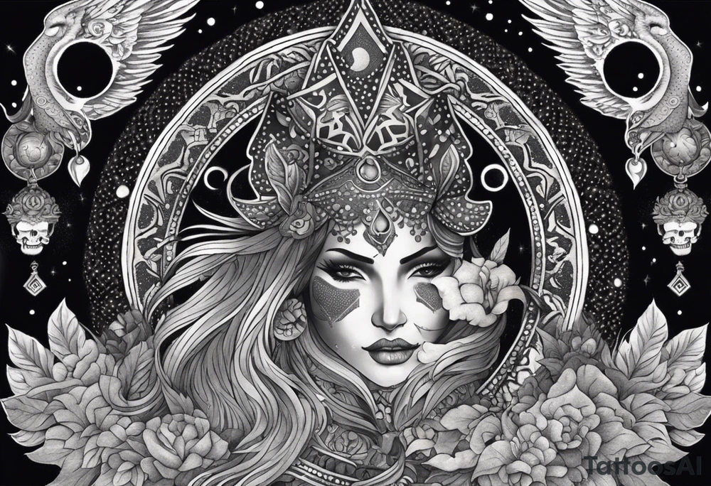 black kali, goddess pirate, alien, angel, pachamama, valkrye, warrior, flying, skull, lotus azul, wing, eagle, zenza resonance, stars, 5D, anahata chakra, death, durga, riding on a tiger, flying lady, kundalini, chest tatoo, samuri, rebel,serpent tattoo idea