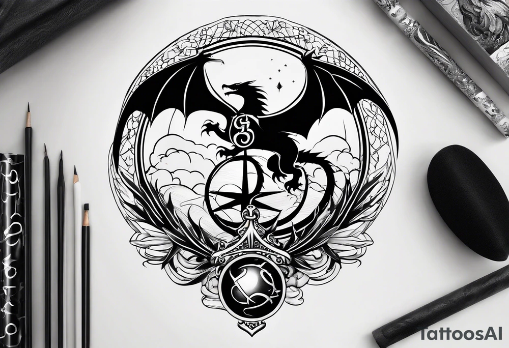dragon tattoo with an eagle, globe, and anchor infused with the art tattoo idea