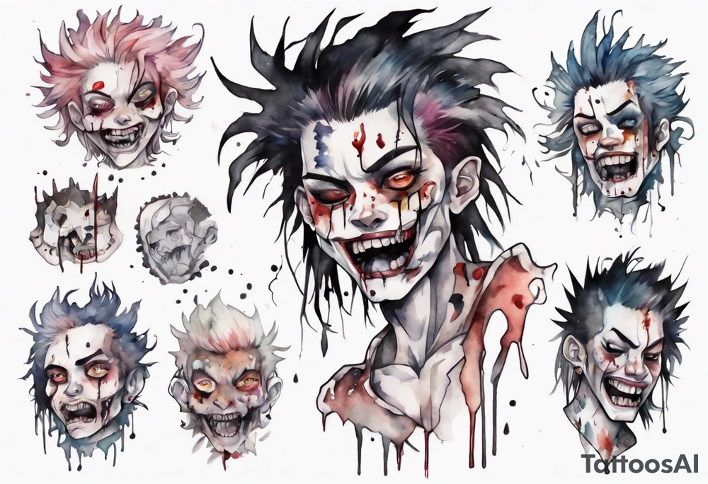 a pale biped with messy hair, black eyes, and mouth full of broken teeth tattoo idea