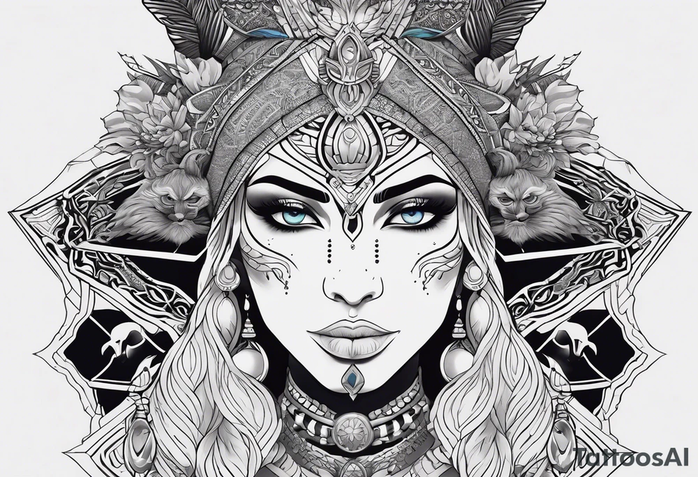 kali ma, alien goddess, valkrye, pirate, divine feminine, zenza resonance, pachamama, lotus azul, blank panther, eagle, skull, 5D, nueva gaya, dna 12 tattoo idea